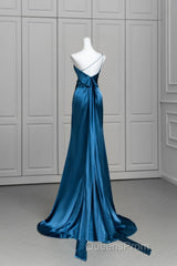 Blue Soft Satin Long Evening Prom Dress With Leg Slit, Blue Evening Dress Formal Dress