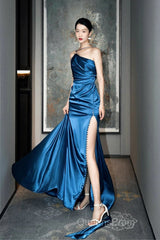 Blue Soft Satin Long Evening Prom Dress With Leg Slit, Blue Evening Dress Formal Dress