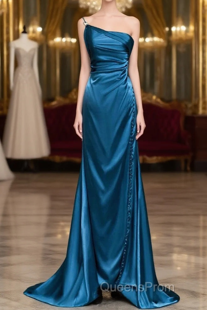 Blue Soft Satin Long Evening Prom Dress With Leg Slit, Blue Evening Dress Formal Dress Main image