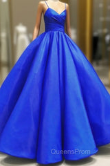 Blue Spaghetti Satin Long Evening Dress, A-Line Evening Party Gown