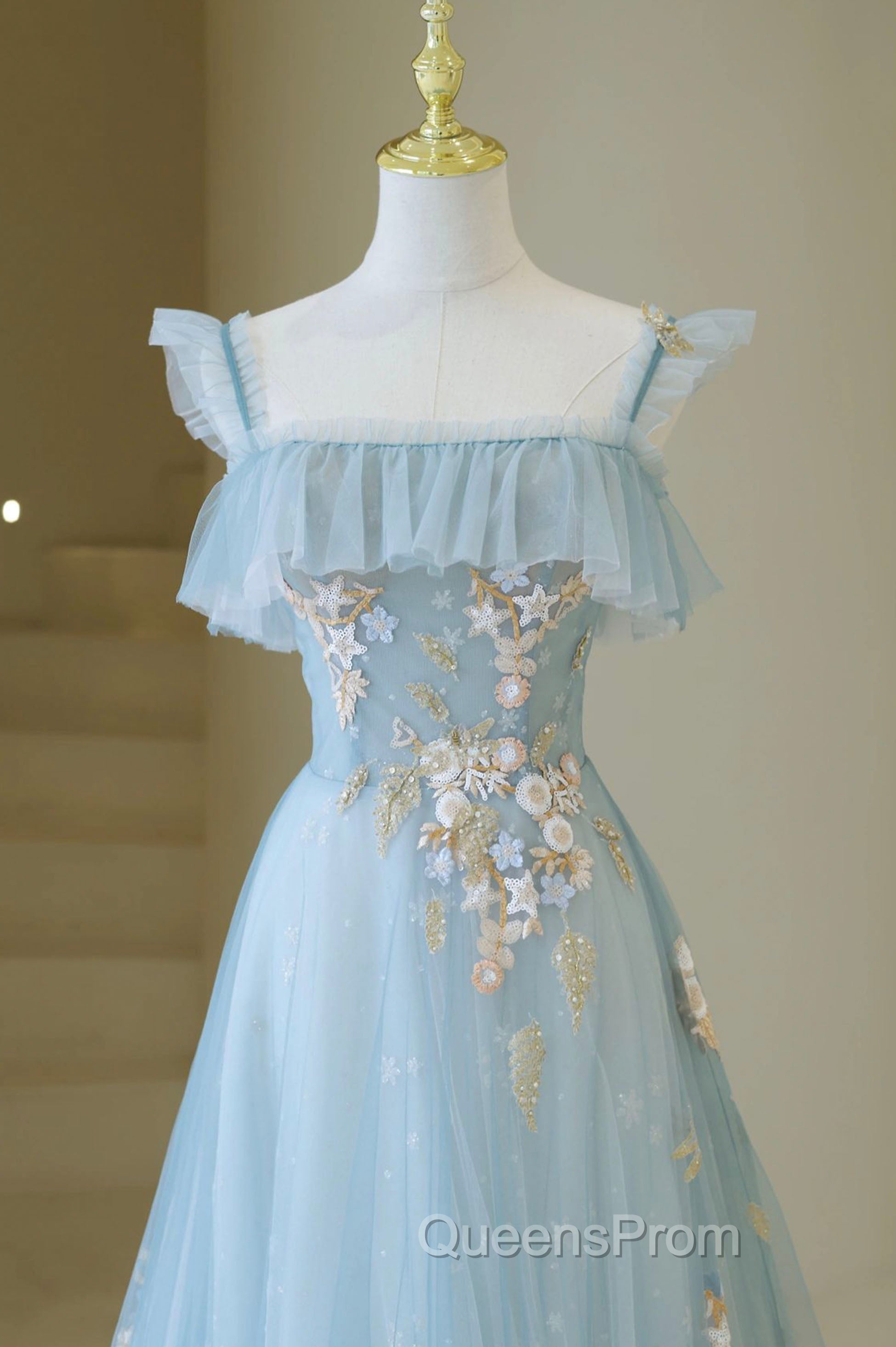 Blue Spaghetti Strap Lace Long Evening Prom Dress, Cute A-Line Graduation Dress Secondary image