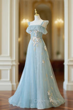 Blue Spaghetti Strap Lace Long Evening Prom Dress, Cute A-Line Graduation Dress
