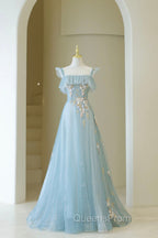 Blue Spaghetti Strap Lace Long Evening Prom Dress, Cute A-Line Graduation Dress