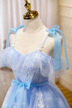 Blue Spaghetti Strap Lace Short Evening Prom Dress, Lovely A-Line Homecoming Dress