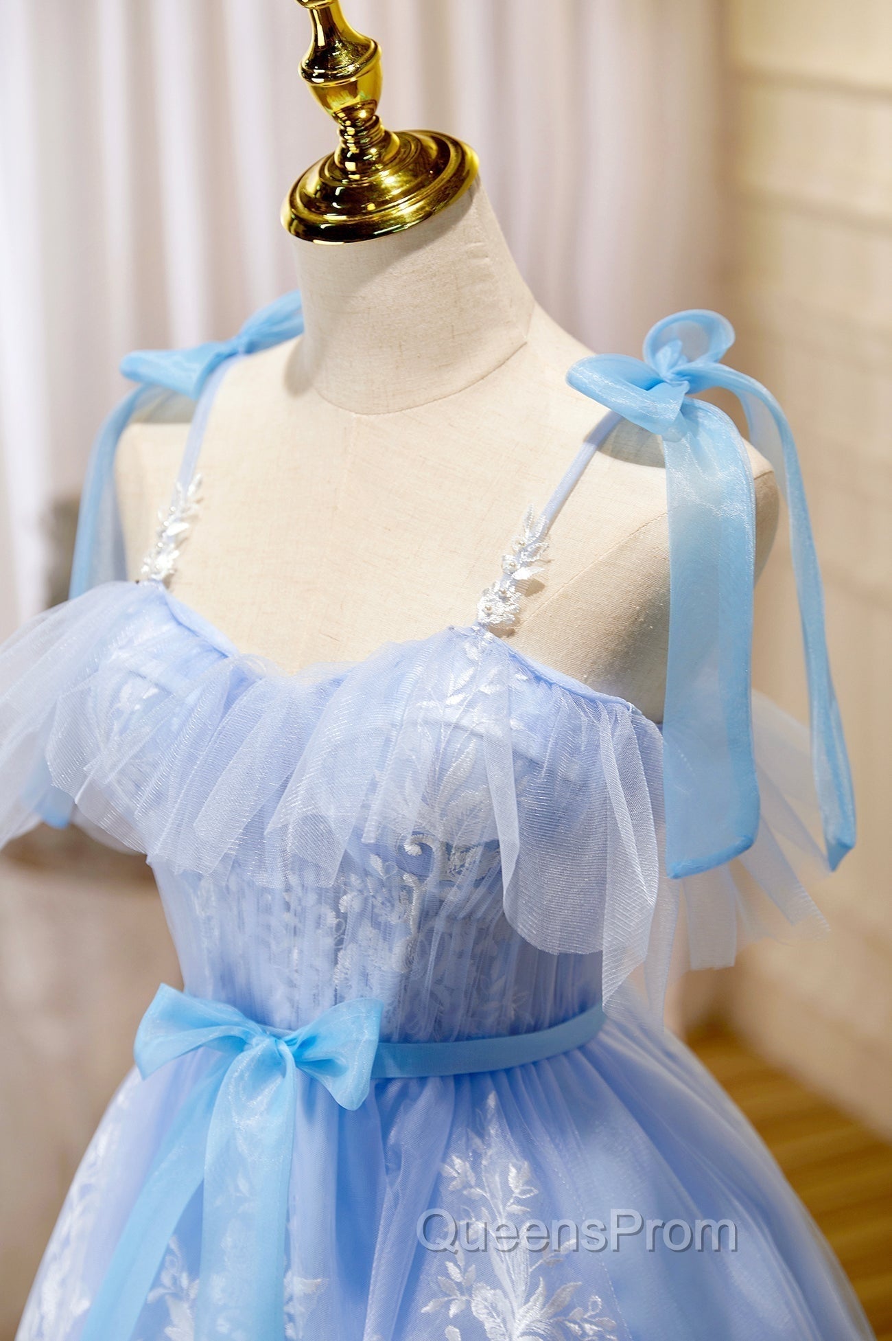 Blue Spaghetti Strap Lace Short Evening Prom Dress, Lovely A-Line Homecoming Dress