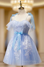 Blue Spaghetti Strap Lace Short Evening Prom Dress, Lovely A-Line Homecoming Dress