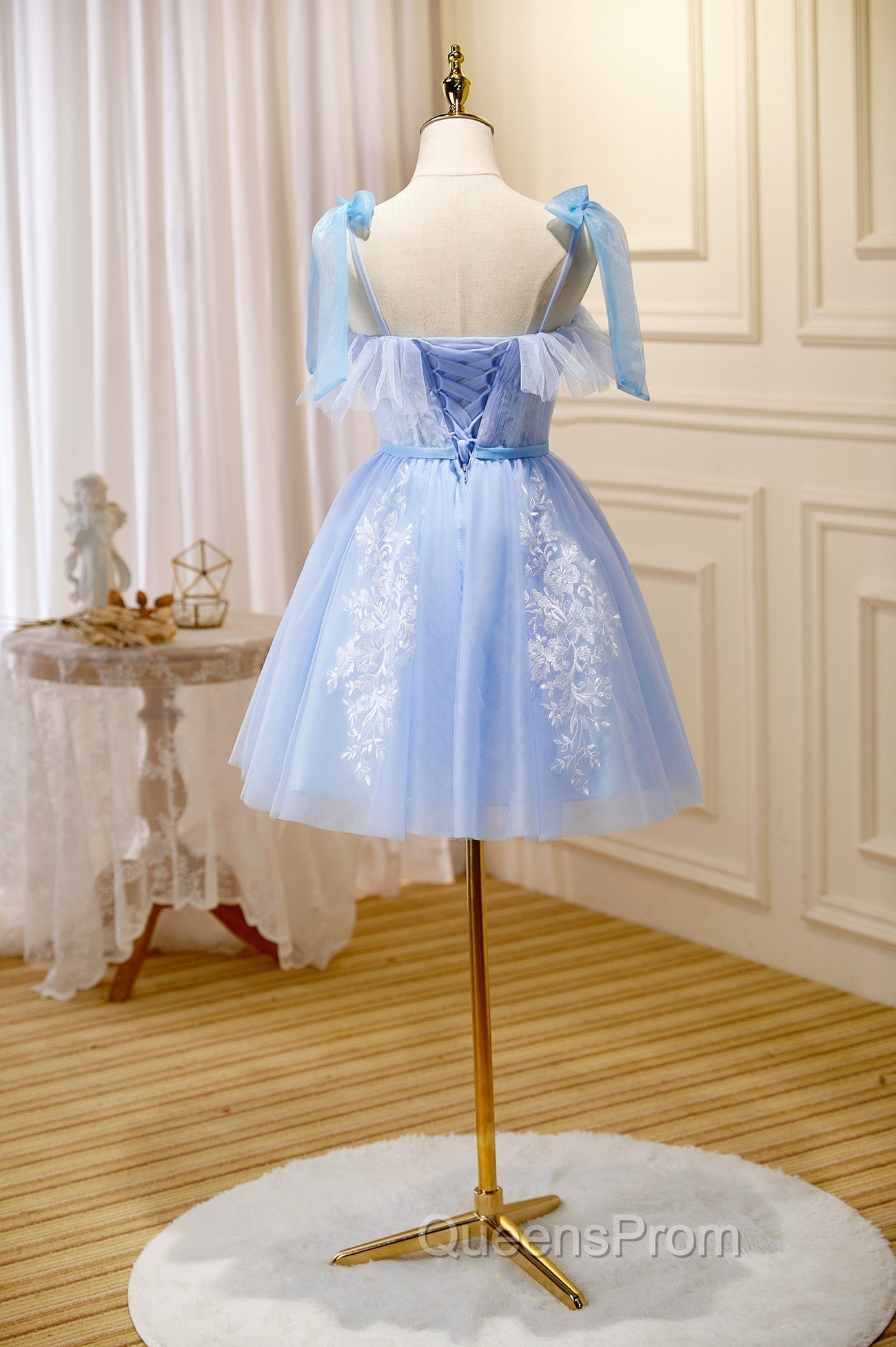 Blue Spaghetti Strap Lace Short Evening Prom Dress, Lovely A-Line Homecoming Dress