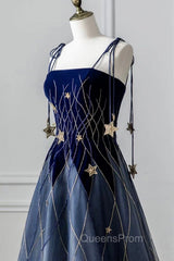 Blue Spaghetti Strap Long Evening Prom Dress with Star, Blue Evening Party Dress