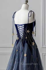 Blue Spaghetti Strap Long Evening Prom Dress with Star, Blue Evening Party Dress