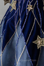 Blue Spaghetti Strap Long Evening Prom Dress with Star, Blue Evening Party Dress