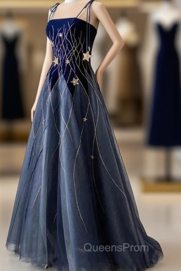 Blue Spaghetti Strap Long Evening Prom Dress with Star, Blue Evening Party Dress Main image