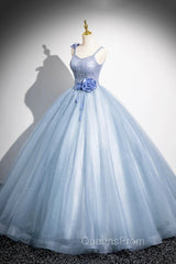 Blue Spaghetti Strap Tulle Floor Length Evening Prom Dress, Pretty A-Line Evening Party Dress