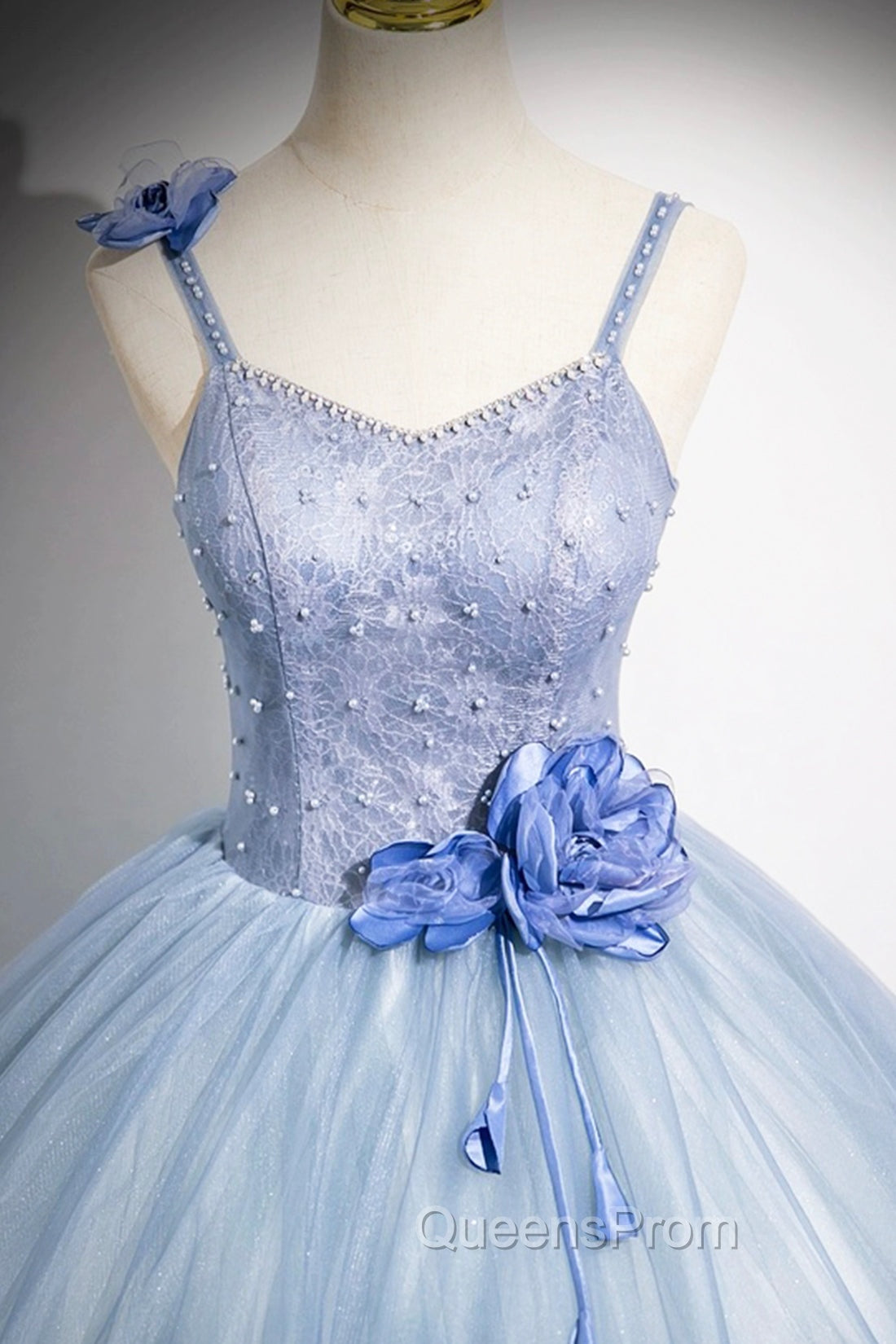Blue Spaghetti Strap Tulle Floor Length Evening Prom Dress, Pretty A-Line Evening Party Dress