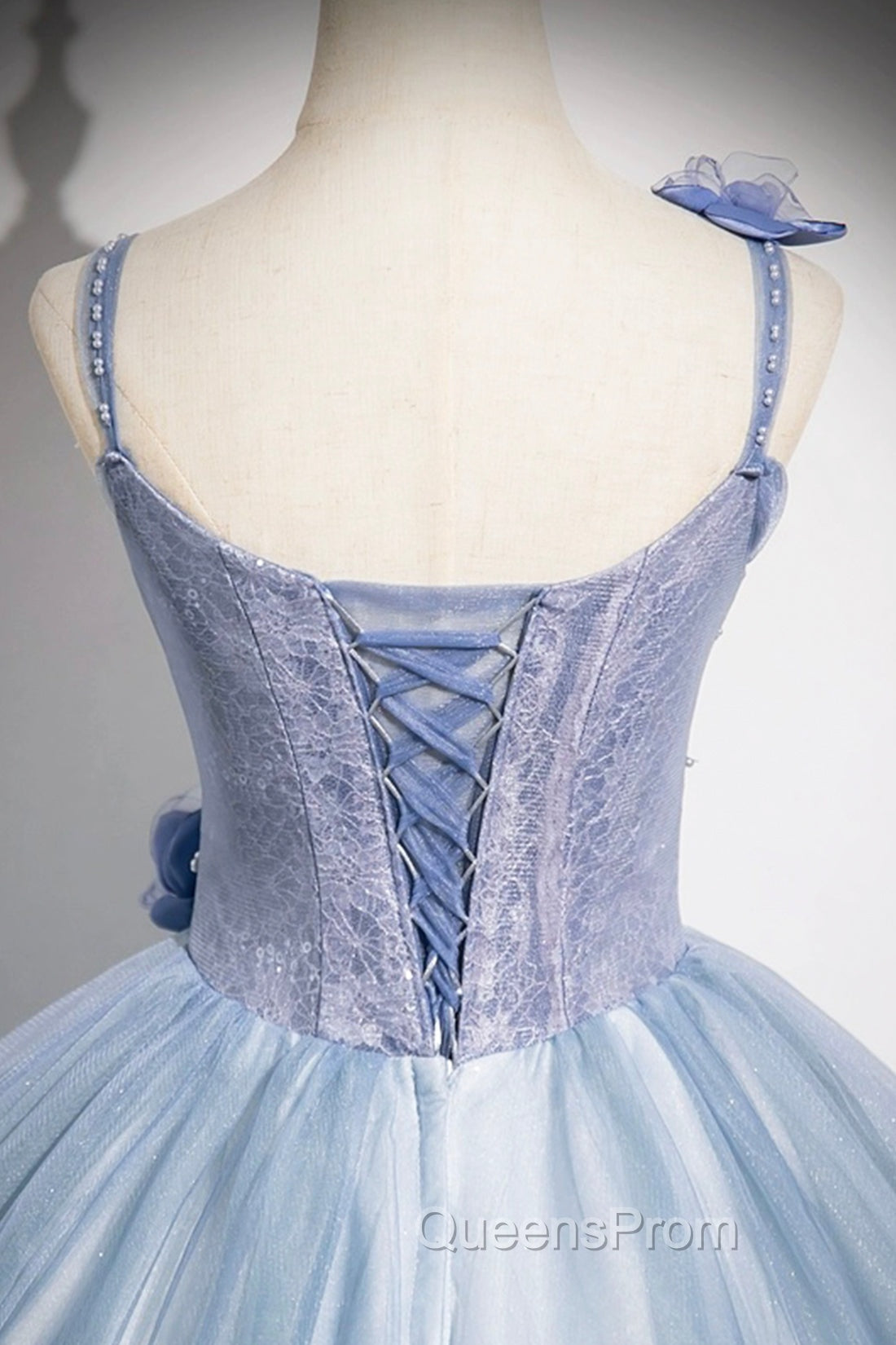 Blue Spaghetti Strap Tulle Floor Length Evening Prom Dress, Pretty A-Line Evening Party Dress