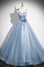 Blue Spaghetti Strap Tulle Floor Length Evening Prom Dress, Pretty A-Line Evening Party Dress