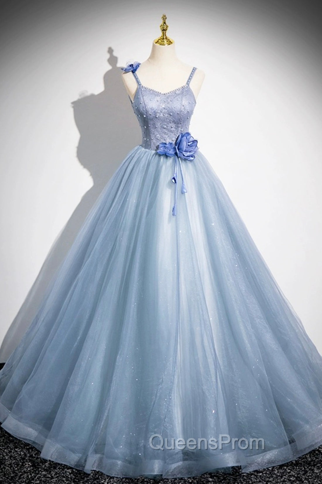 Blue Spaghetti Strap Tulle Floor Length Evening Prom Dress, Pretty A-Line Evening Party Dress