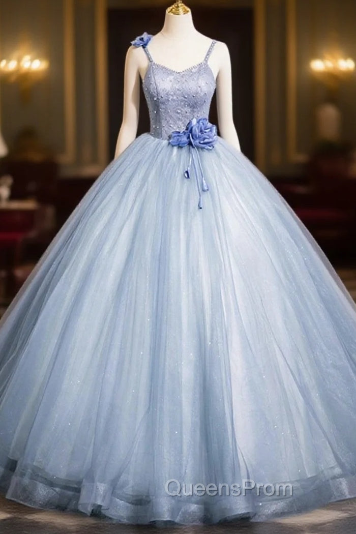 Blue Spaghetti Strap Tulle Floor Length Evening Prom Dress, Pretty A-Line Evening Party Dress Main image