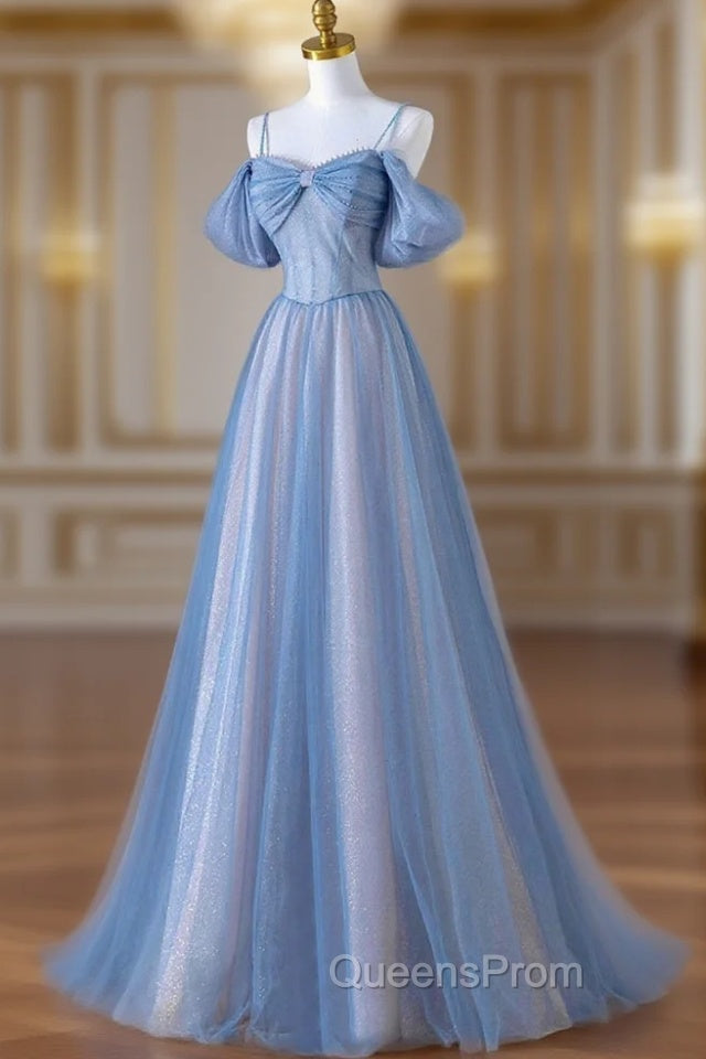Blue Spaghetti Strap Tulle Long Evening Prom Dress, A-Line Evening Dress Main image