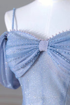 Blue Spaghetti Strap Tulle Long Evening Prom Dress, Beautiful A-Line Evening Dress