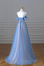 Blue Spaghetti Strap Tulle Long Evening Prom Dress, Beautiful A-Line Evening Dress