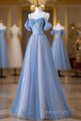 Blue Spaghetti Strap Tulle Long Evening Prom Dress, Beautiful A-Line Evening Dress