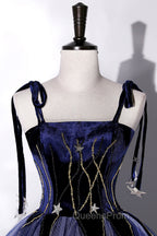 Blue Spaghetti Strap Tulle Long Evening Prom Dress with Star, Blue Evening Party Dress