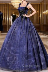 Blue Spaghetti Strap Tulle Long Evening Prom Dress with Star, Blue Evening Party Dress