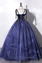 Blue Spaghetti Strap Tulle Long Evening Prom Dress with Star, Blue Evening Party Dress