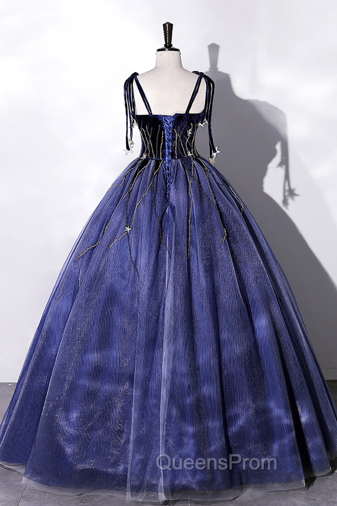 Blue Spaghetti Strap Tulle Long Evening Prom Dress with Star, Blue Evening Party Dress