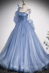 Blue Spaghetti Strap Tulle with Flowers Long Evening Dress, Blue Party Dress with Bow