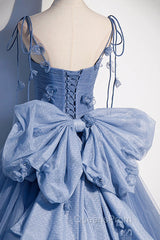 Blue Spaghetti Strap Tulle with Flowers Long Evening Dress, Blue Party Dress with Bow