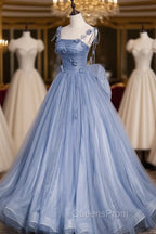 Blue Spaghetti Strap Tulle with Flowers Long Evening Dress, Blue Party Dress with Bow