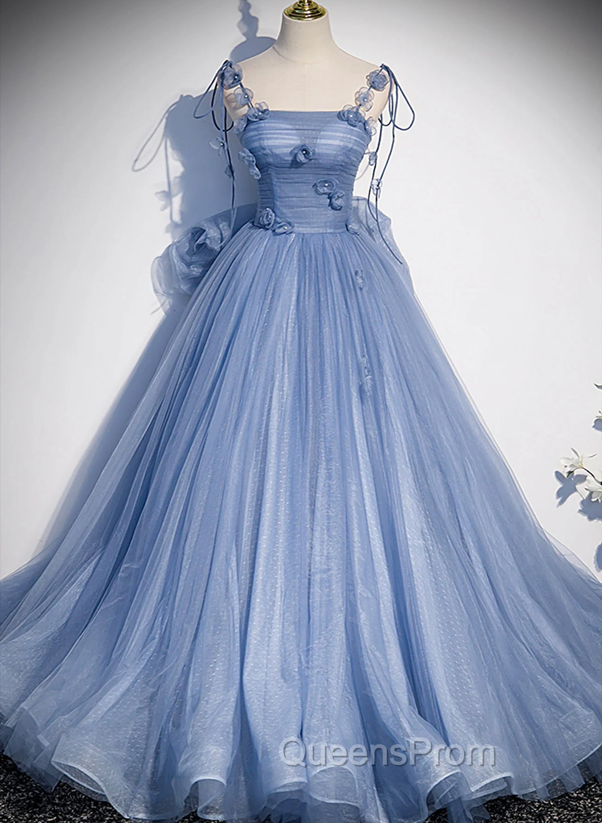 Blue Spaghetti Strap Tulle with Flowers Long Evening Dress, Blue Party Dress with Bow Main image
