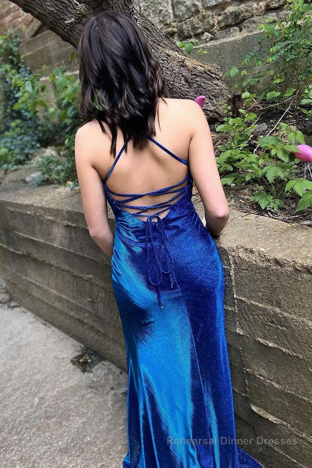 Blue Spaghetti Straps Long Prom Dress With Split Front Secondary image