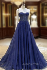 Blue Spaghetti Straps Tulle Beading Evening Prom Dress