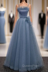 Blue Spaghetti Straps Tulle Sequins Beading Evening Prom Dress