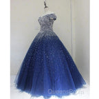 Blue Sparkle Off Shoulder Ball Party Dress Handmade Beaded Party Dress Elegant Evening Prom Dress Evening Dress