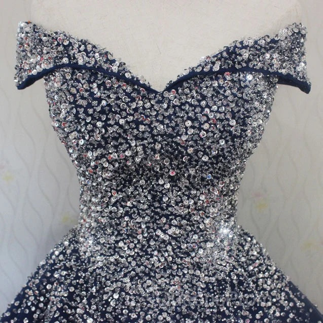 Blue Sparkle Off Shoulder Ball Party Dress Handmade Beaded Party Dress Elegant Evening Prom Dress Evening Dress