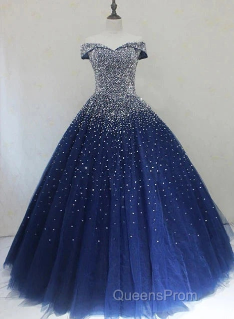 Blue Sparkle Off Shoulder Ball Party Dress Handmade Beaded Party Dress Elegant Evening Prom Dress Evening Dress