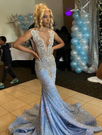 Blue Gorgeous Shiny Sequins Long Mermaid Slim Ball Gown Classy Evening Dress