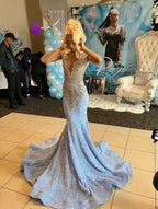 Blue Gorgeous Shiny Sequins Long Mermaid Slim Ball Gown Classy Evening Dress