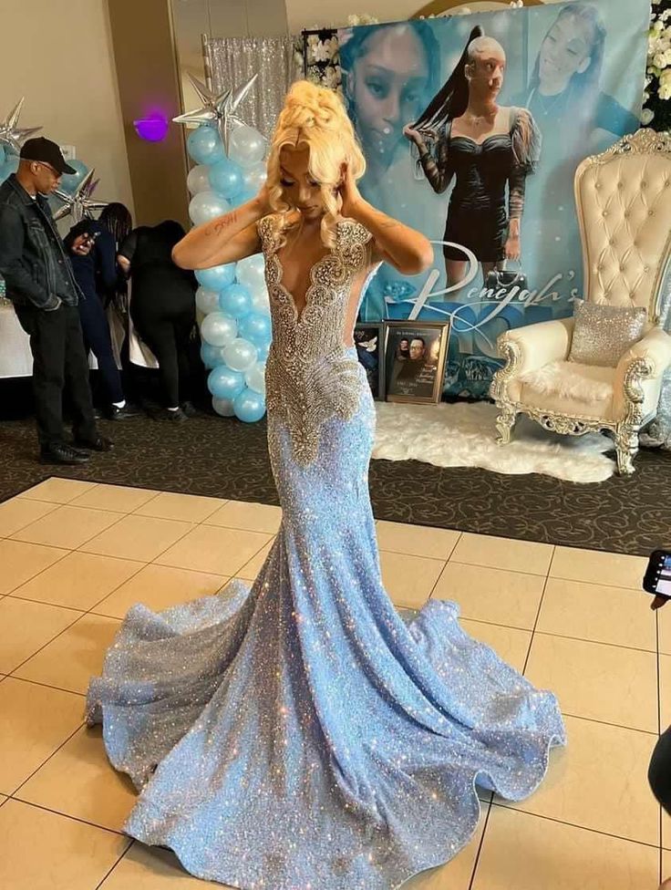 Blue Gorgeous Shiny Sequins Long Mermaid Slim Ball Gown Classy Evening Dress