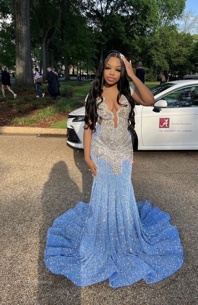 Blue Gorgeous Shiny Sequins Long Mermaid Slim Ball Gown Classy Evening Dress