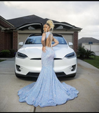 Blue Gorgeous Shiny Sequins Long Mermaid Slim Ball Gown Classy Evening Dress