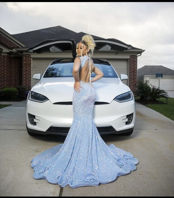 Blue Gorgeous Shiny Sequins Long Mermaid Slim Ball Gown Classy Evening Dress
