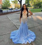 Blue Gorgeous Shiny Sequins Long Mermaid Slim Ball Gown Classy Evening Dress