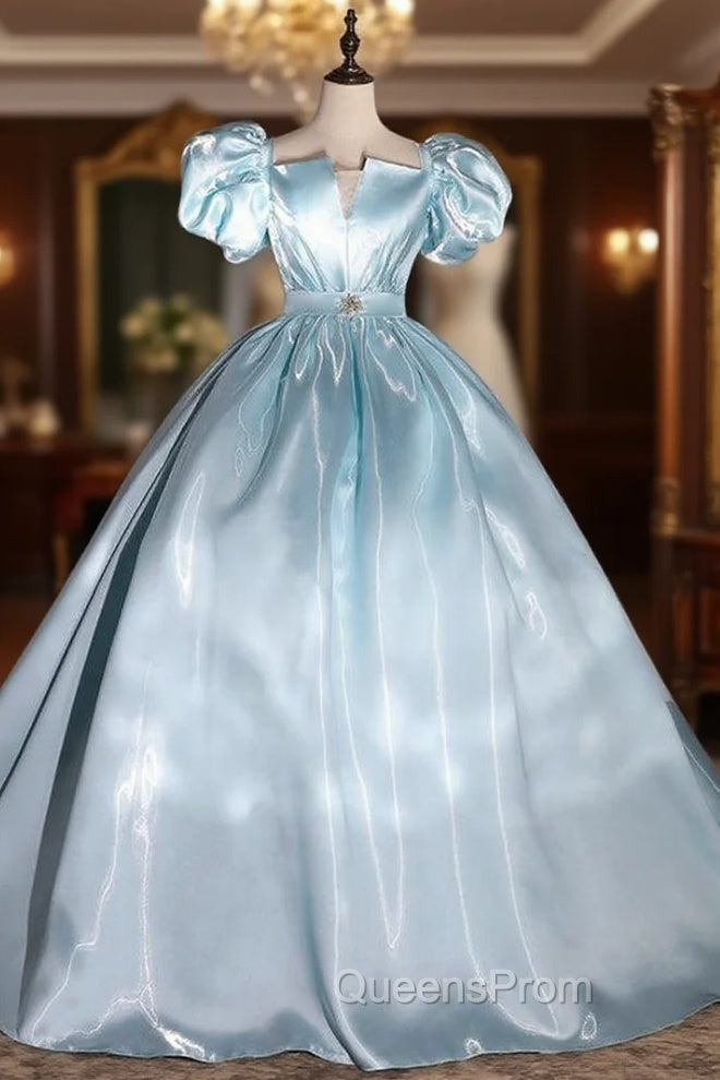 Blue Square Puff Sleeve Square Quinceanera Dress