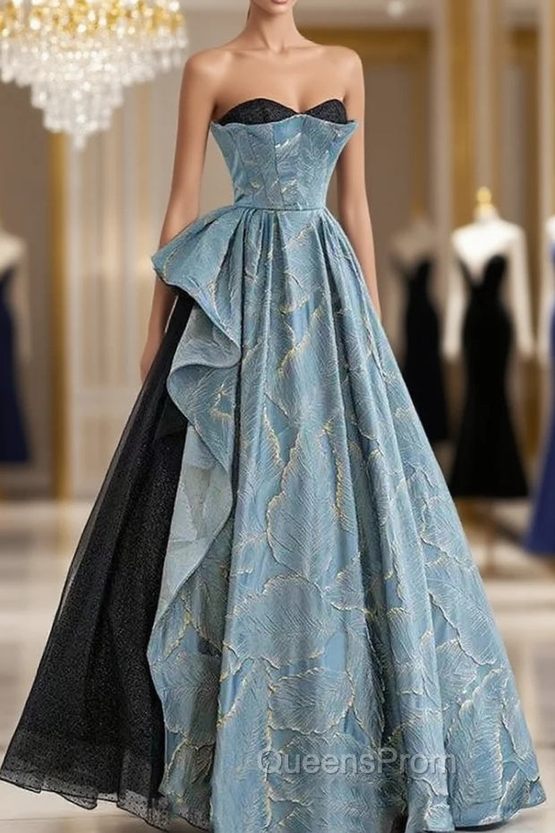 Blue Strapless Black Tulle Evening Prom Dress