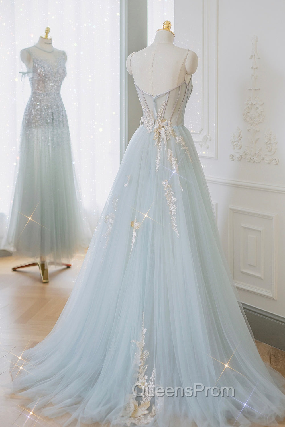 Blue Strapless Lace Evening Prom Dress, A-Line Tulle Evening Party Dress Secondary image