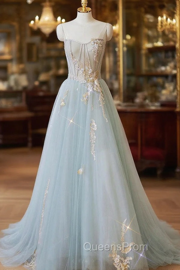 Blue Strapless Lace Evening Prom Dress, A-Line Tulle Evening Party Dress